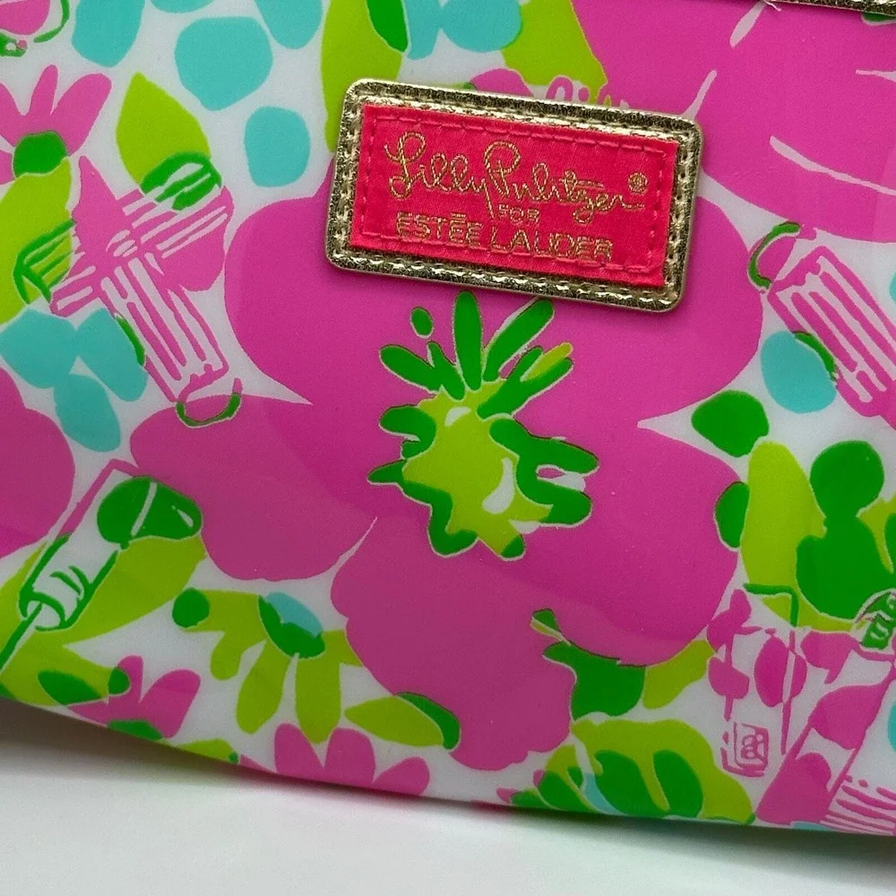 Lilly Pulitzer Estee Lauder pink green floral print zip pouch makeup bag